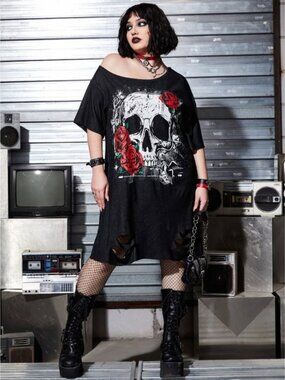 Off the shoulder, distressed skull & roses shirt dress